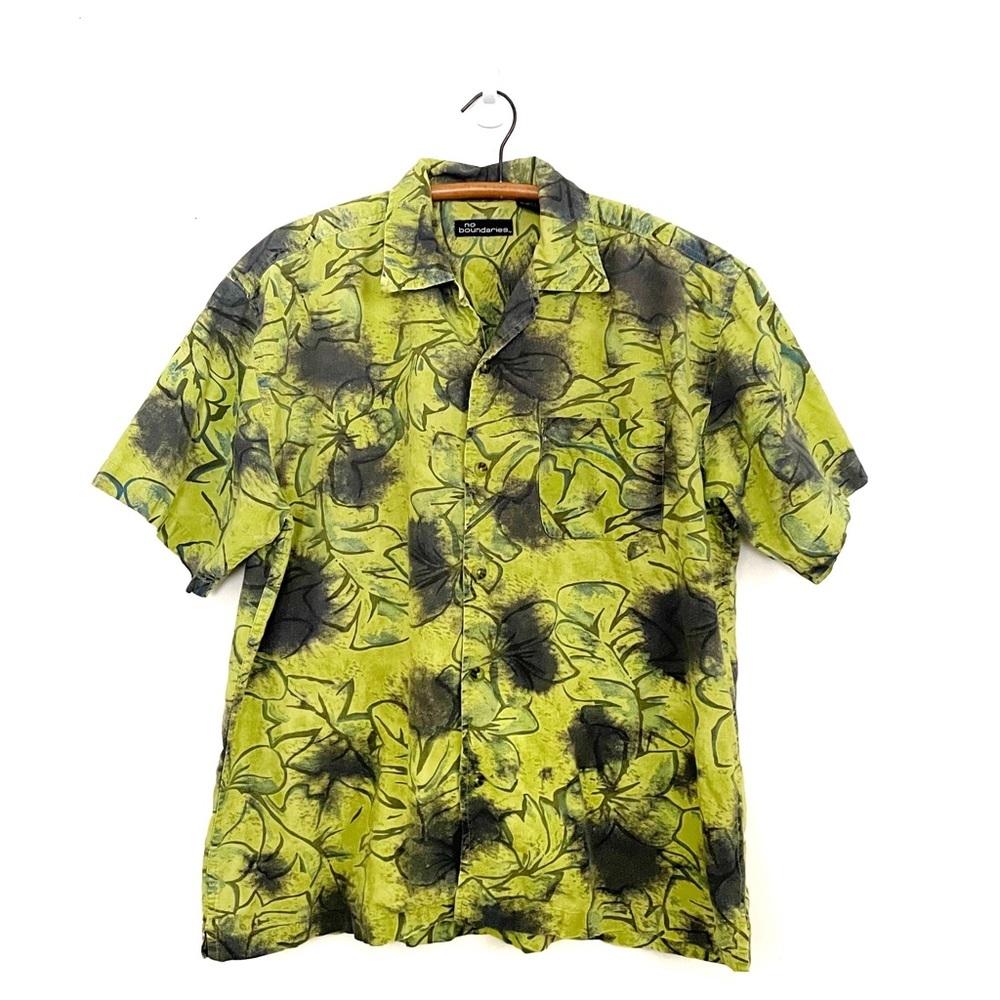 Vintage Y2K Button Down Leaf Print Brat Green Short Sleeve Shirt Size Large
